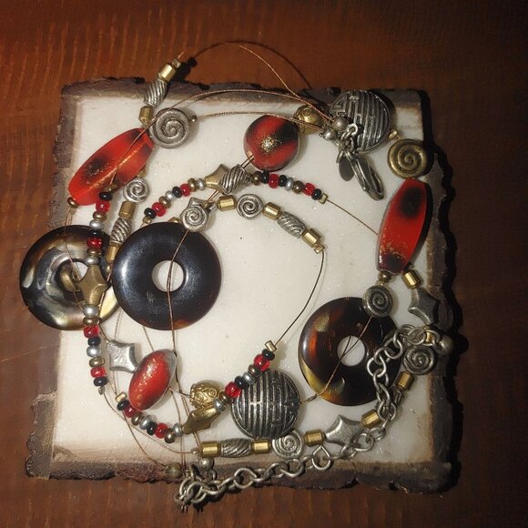 Chicos Multicolor Beaded Necklace With Tortoiseshell & Red Accents - Picture 4 of 6